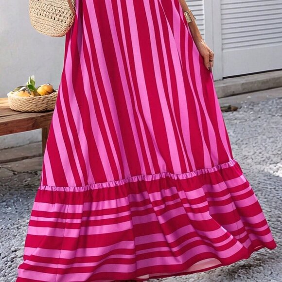 Pink Striped Casual Women's tie halter neck ruffled hem maxi Dress - Picture 6 of 6